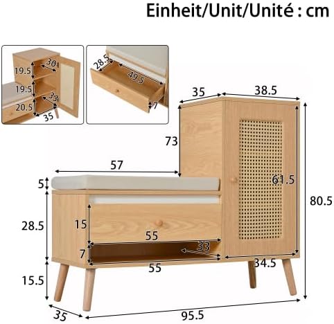 Merax Schuhschrank mit Rattan-Optik und Sitzbank – Multifunktionale Garderobenbank mit Schubladen &