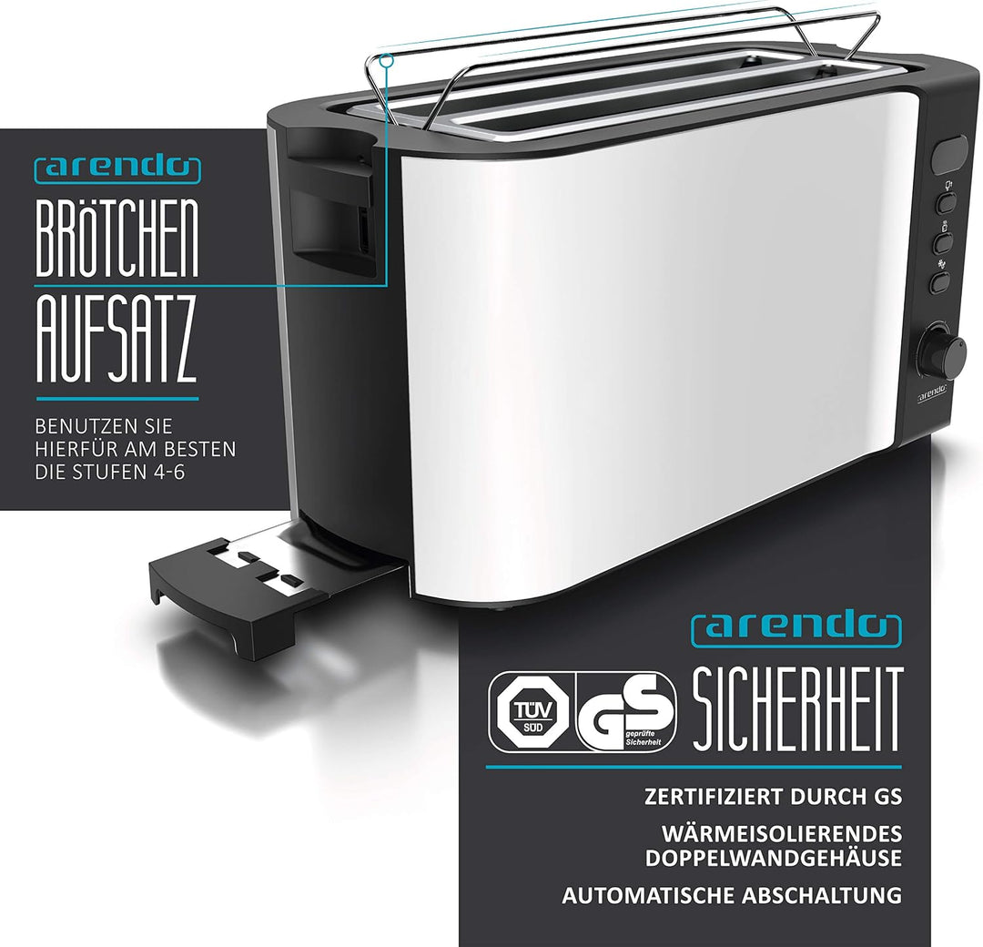 Arendo - Edelstahl Toaster Langschlitz 4 Scheiben, Defrost Funktion, Wärmeisolierendes Gehäuse mit i