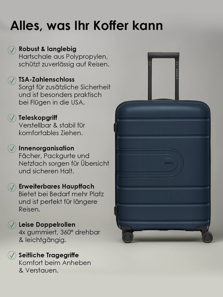 REDOLZ Hartschalen Check-in Koffer | Mittelgrosser M Trolley 46 x 28 x 66 cm mit Dehnfalte aus hochw