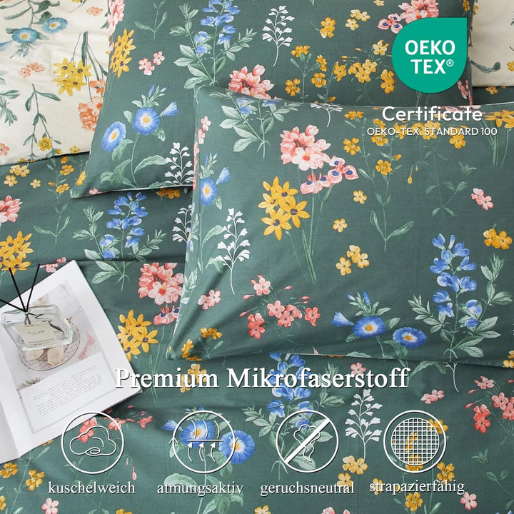 Freyamy Bettwäsche 155x220cm 2teilig Grün Dunkelgrün Bunt Blumen Blätter Pflanzen Wendebettwäsche Fl