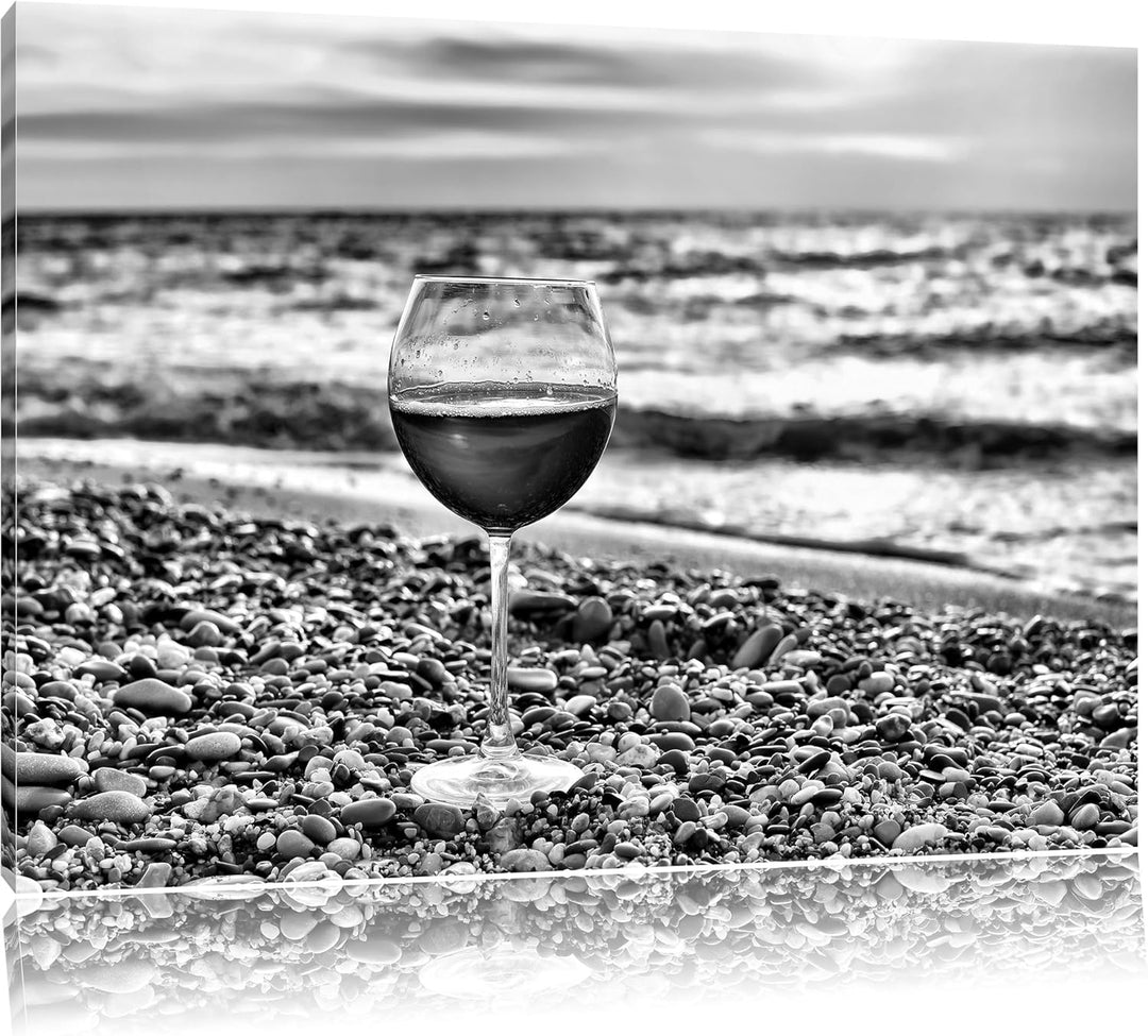 Pixxprint Monocrome, Weinglas am Steinstrand, Format: 100x70 auf Leinwand, 100x70