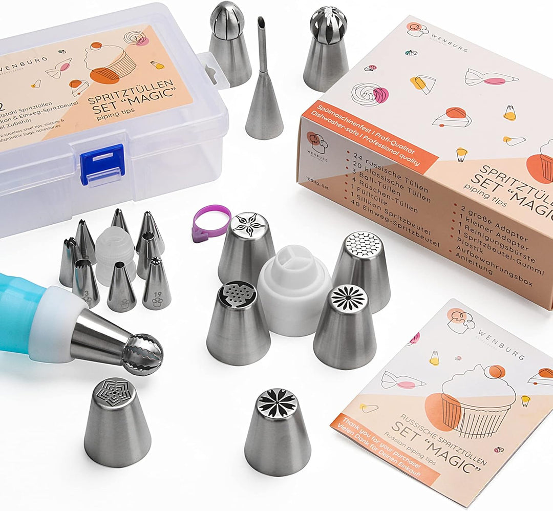 Wenburg Russische Edelstahl Spritztüllen Set: 52 Profi Tüllen - grosse, rüschen, Ball-Aufsätze, Füll