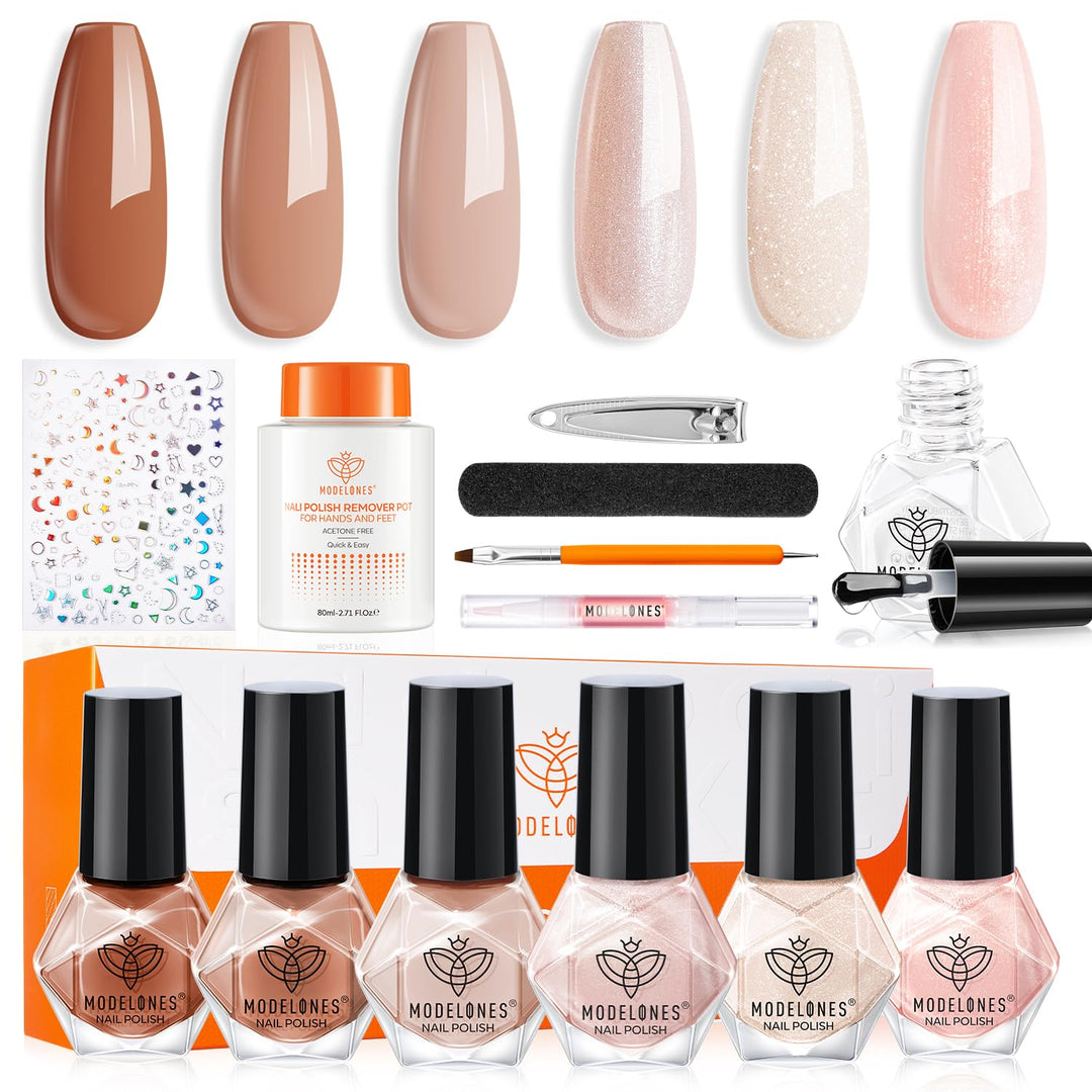 MODELONES Komplettes Nagellack Set, Nagellack Schnelltrocknend Herbst Braun Glitter Nude Rosa mit Ba