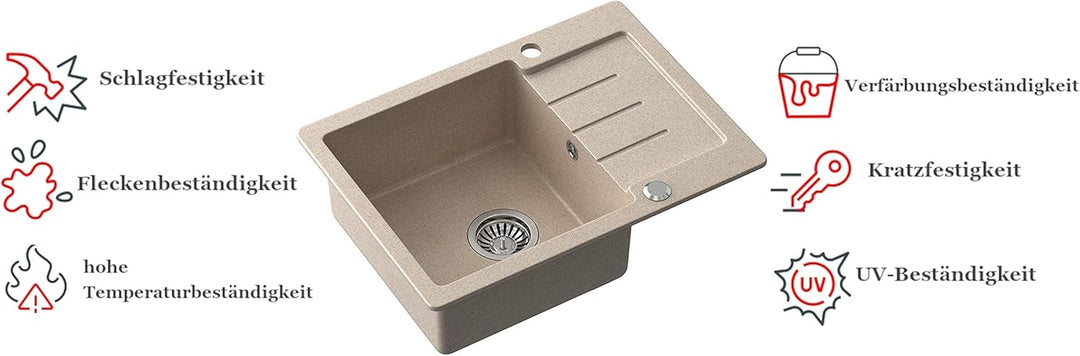 VBChome Spülbecken mit Armatur Beige Granit 60 x 44 cm Einzelbecken Einbauspüle gesprenkelt reversib