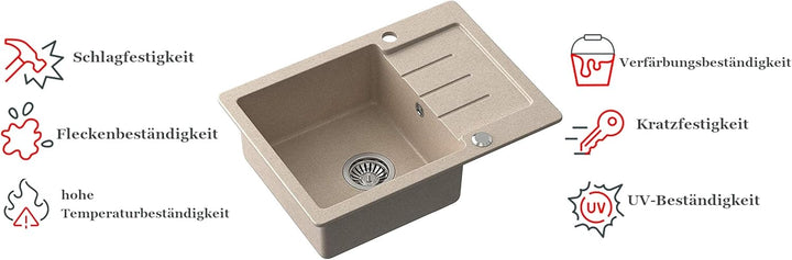 VBChome Spülbecken mit Armatur Beige Granit 60 x 44 cm Einzelbecken Einbauspüle gesprenkelt reversib