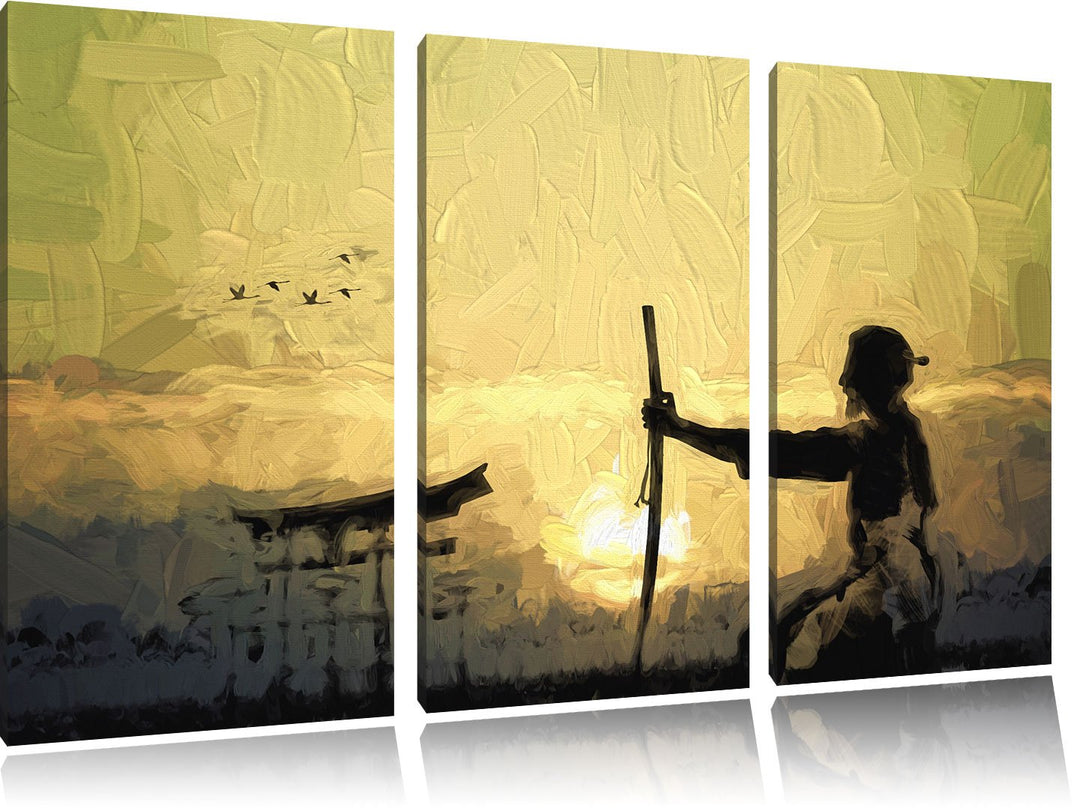 Pixxprint Samurai-Meister vor Horizont als Leinwandbild/Grösse: 3 Teilig (120x80 cm) cm/Wandbild/Kun