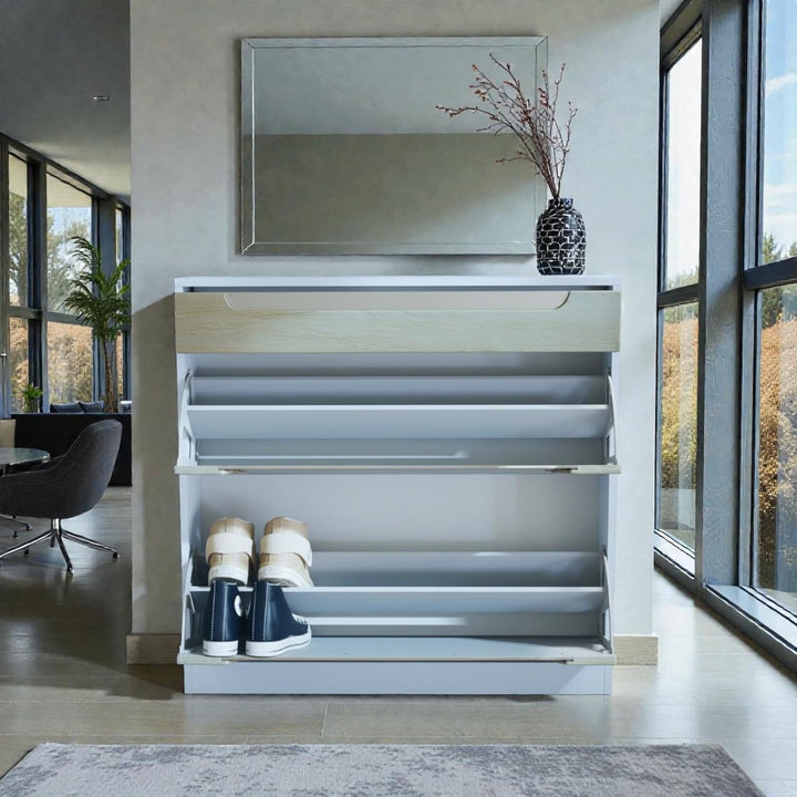Schuhschrank Venezia Schmal mit 2 Klappen und 1 Schublade, Platzsparender Schuhkipper Flurschrank fü