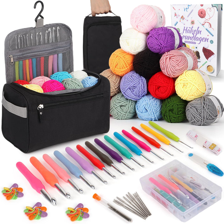 Coopay 73 Stück Häkelset für Anfänger, Tragbar Häkelnadel Set mit 15 Wolle, Tasche, Häkelzubehör, 2,