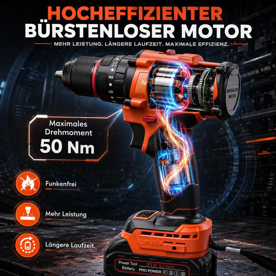 Akkuschrauber Set 21V, Bürstenloser Akku Bohrschrauber | Mit 2×1,5Ah Akkus, 45–50 Nm, 21+1 Drehmomen
