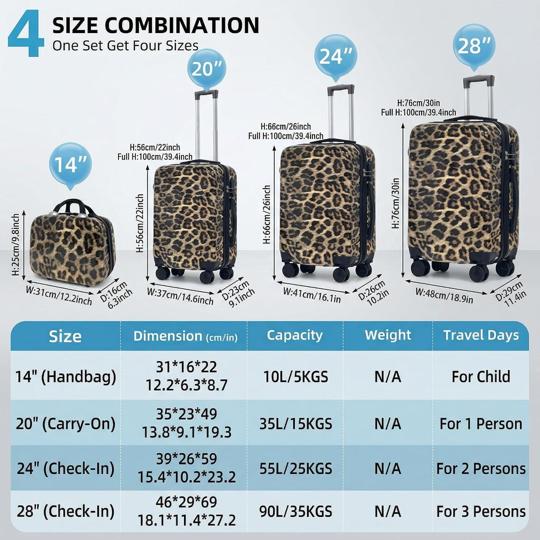 Leopard Print Pattern Luggage Set, 4 - Stück-Set mit Grössen von 14 Zoll, 20 Zoll, 24 Zoll und 28 Zo