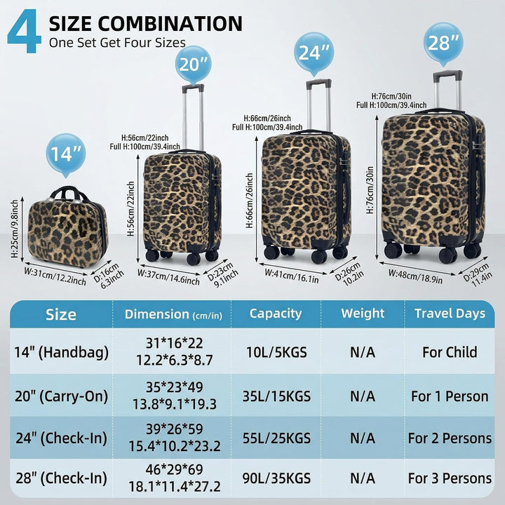 Leopard Print Pattern Luggage Set, 4 - Stück-Set mit Grössen von 14 Zoll, 20 Zoll, 24 Zoll und 28 Zo