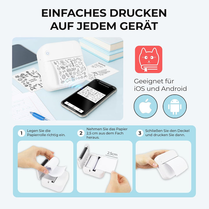 Mini Drucker Geschenkset - 300 DPI HD Qualität - Sofort PrintPod - Fotodrucker für Smartphone - Blue