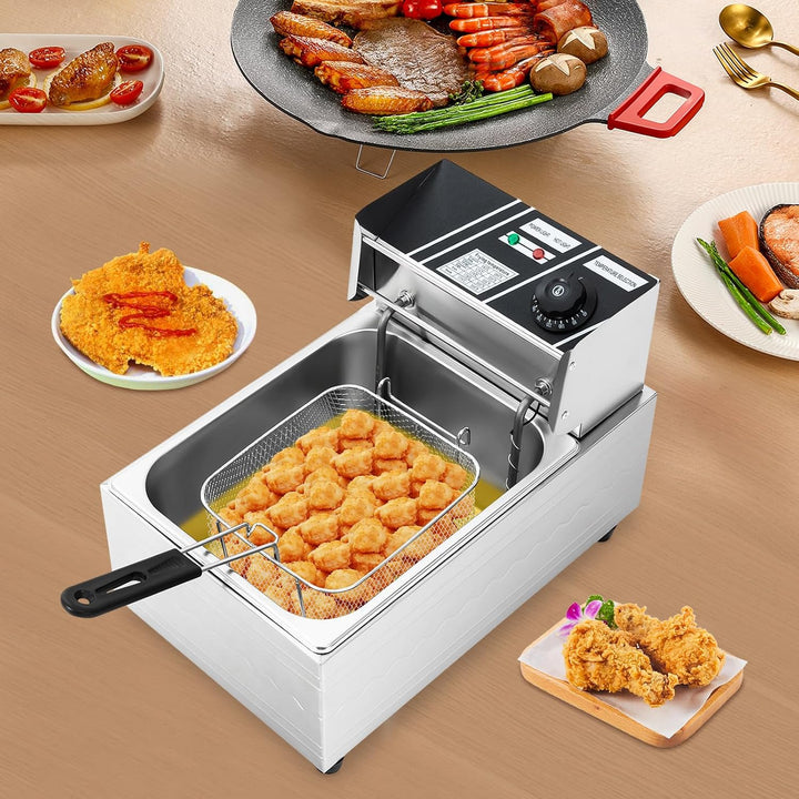Elektro-Fritteuse 6L aus Edelstahl, 2500W Fritteuse mit Temperatureinstellung 60-200°C, Frittiertopf