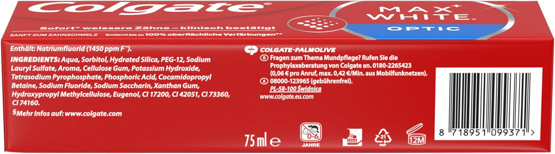 Colgate Max White Optic Zahncreme 4x75 ml | Colgate Zahnpasta entfernt bis zu 100% der Oberflächenve