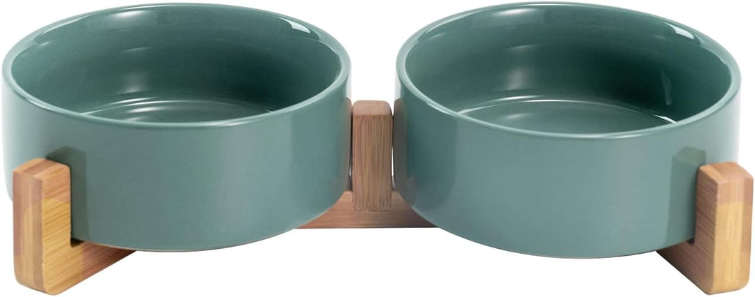 SPUNKYJUNKY Keramik Doppel Futternapf mit Bambus Ständer für Katzen und Hunde (400ml, Grün) Türkis D
