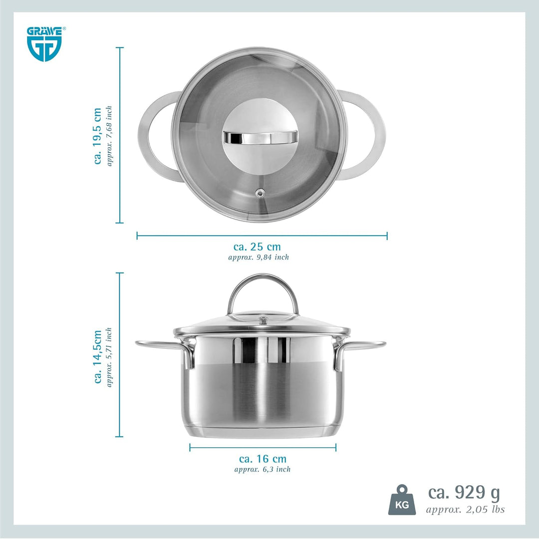 GRÄWE Kochtopf inkl. Glasdeckel, 1,5 l, Spülmaschinengeeignet, Topf für Induktion, klein, Edelstahl,