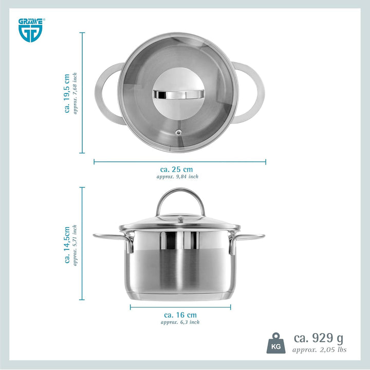 GRÄWE Kochtopf inkl. Glasdeckel, 1,5 l, Spülmaschinengeeignet, Topf für Induktion, klein, Edelstahl,