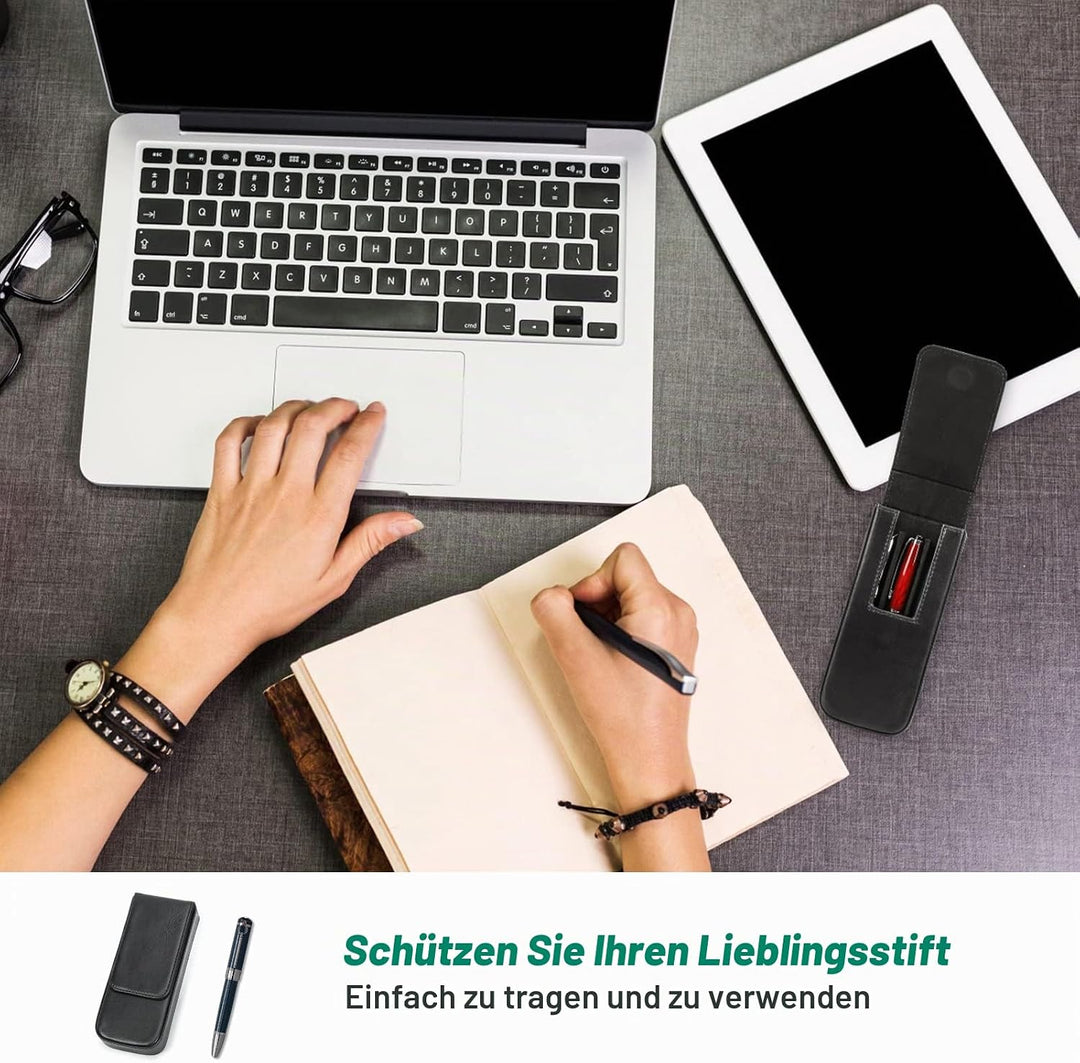 Hiram Leder-Füllhalteretui, Leder-Füllhalterbox für 3 Stifte mit Verstecktem Magnetischem Schnappver