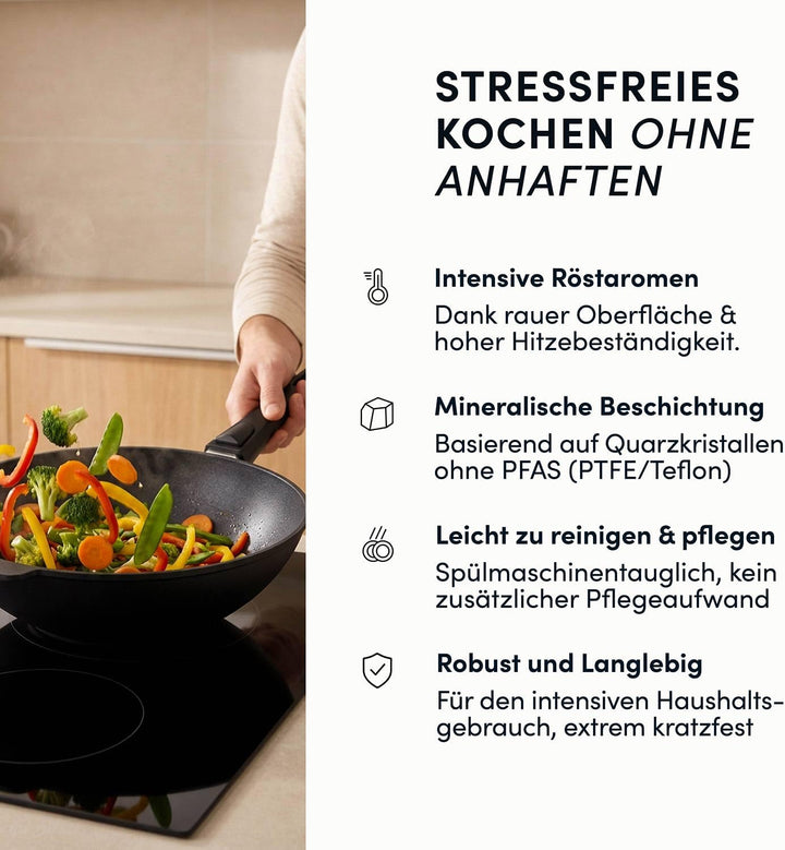 Hoffmann STONIQ Wokpfanne Ø 30 cm – PFAS-frei, Aluguss Wok mit abnehmbarem Stiel, IQ-SHIELD Antihaft