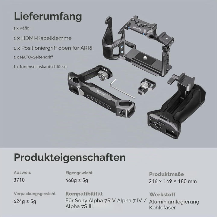 SMALLRIG A7 IV Cage Käfig mit Oberem Griff, HDMI Kabelklemme und Seitlichem Handgriff, Erweitertes K