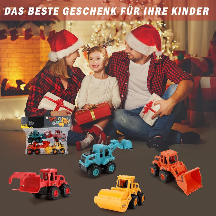 4 Stück Bagger Spielzeug, Push and Go Baufahrzeuge Spielzeug, Minibagger Spielzeugauto Auto Spielzeu