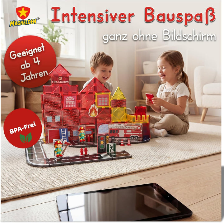 Magnetische Bausteine Feuerwehrstation 70 Teile - Magnetbausteine &amp; Magnetspiel mit integrierten Fig