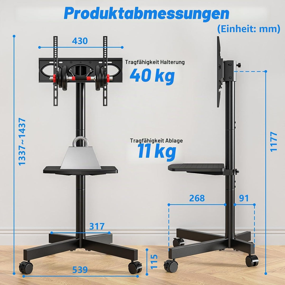 RFIVER TV Ständer Rollbar TV Wagen auf Rollen für 27-60 Zoll Fernseher, Fernsehständer TV Standfuss