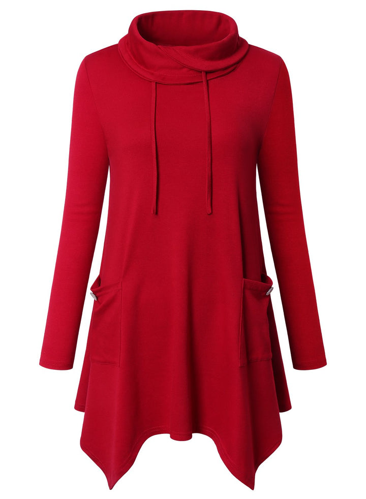 Amrto Damen Tunika Tops Turtleneck Langarm Shirts Bluse Hemd Pullover Mit Taschen L #2-rot, L #2-rot