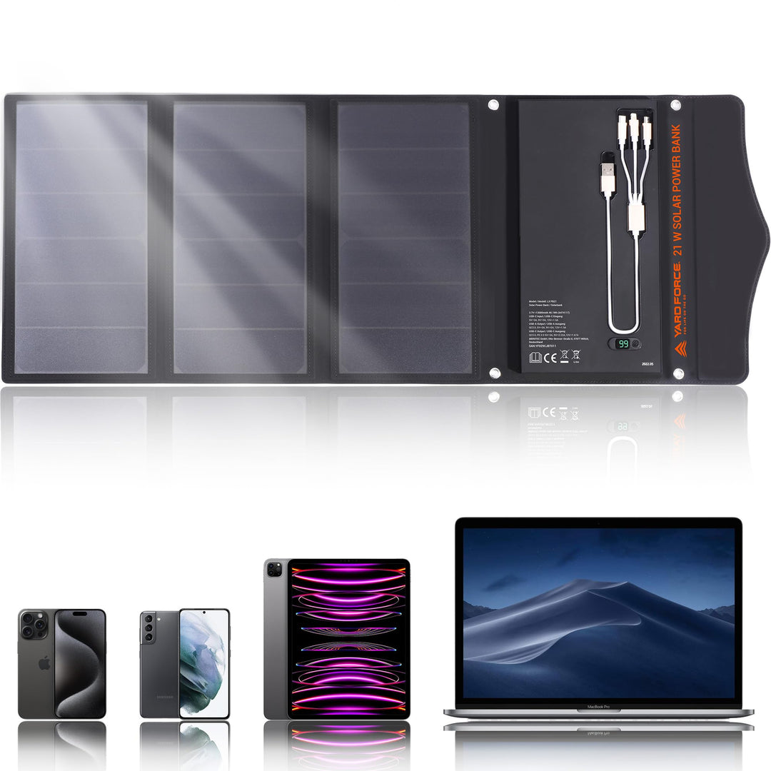 Yard Force 21W tragbares Solar-Ladegerät mit 2 USB-Anschlüssen, 13000 mAh integrierter Batterie, Sol