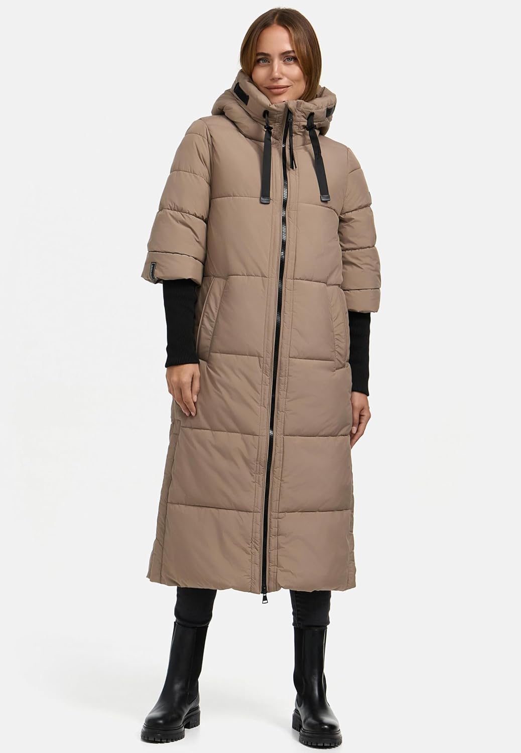 Navahoo Damen langer Wintermantel warmer Steppmantel mit Kapuze und Rippstrickärmeln Ciao Miau XIV X