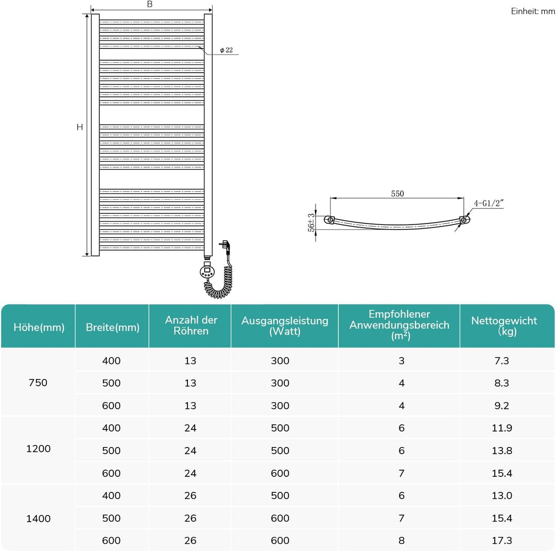 EMKE WiFi Badheizkörper Elektrisch 750x400 mm, Gebogen Handtuchheizkörper Elektrisch, Elektrischer H