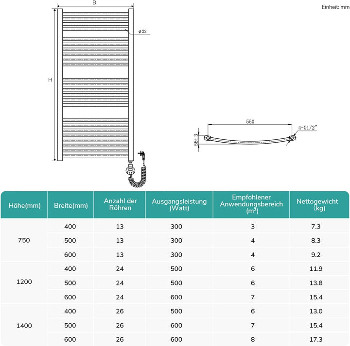 EMKE WiFi Badheizkörper Elektrisch 750x400 mm, Gebogen Handtuchheizkörper Elektrisch, Elektrischer H