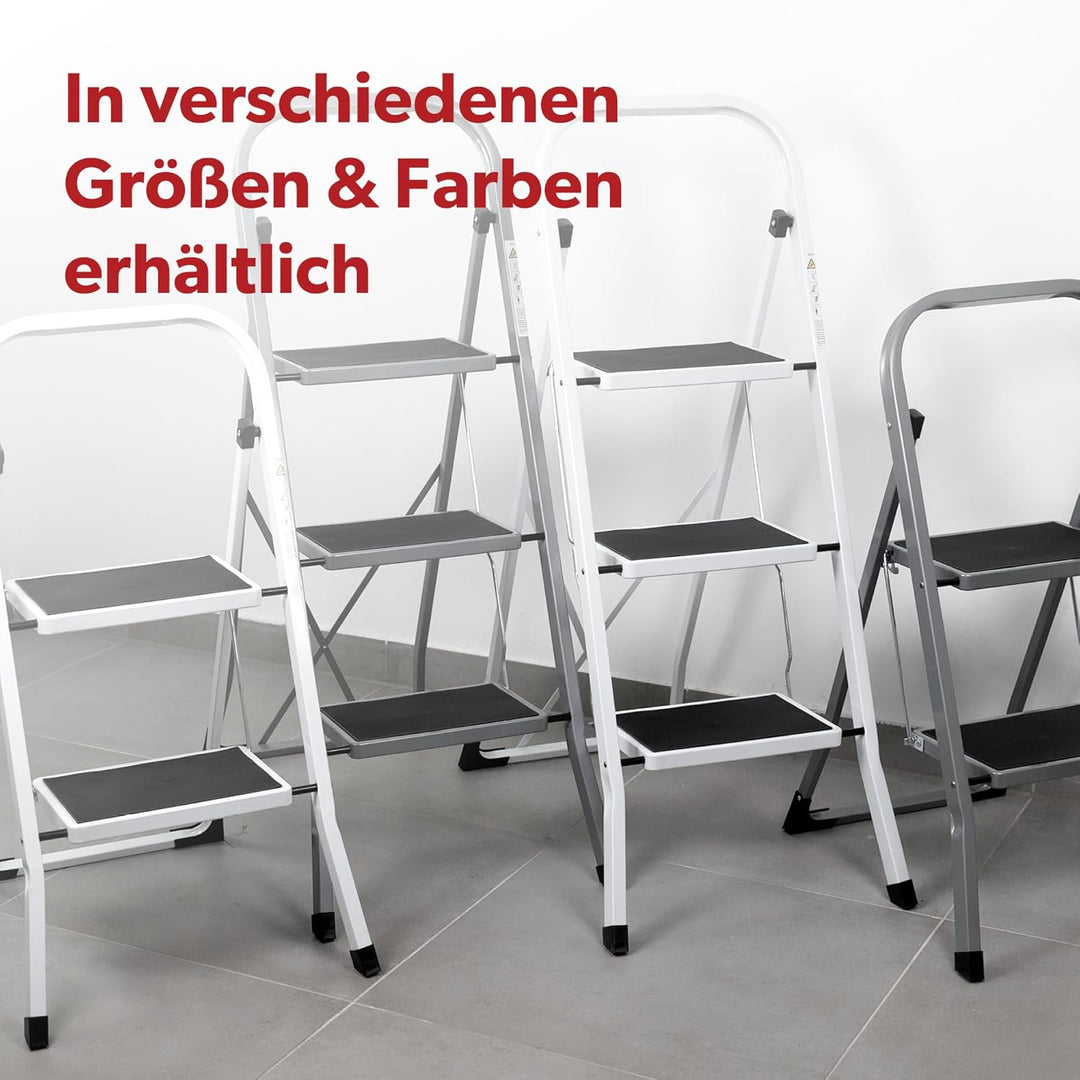 siwitec Klapptritt aus Stahl mit 3 Stufen, Weiss, kleine Leiter mit Anti-Rutschmatten, 150 kg Tragla