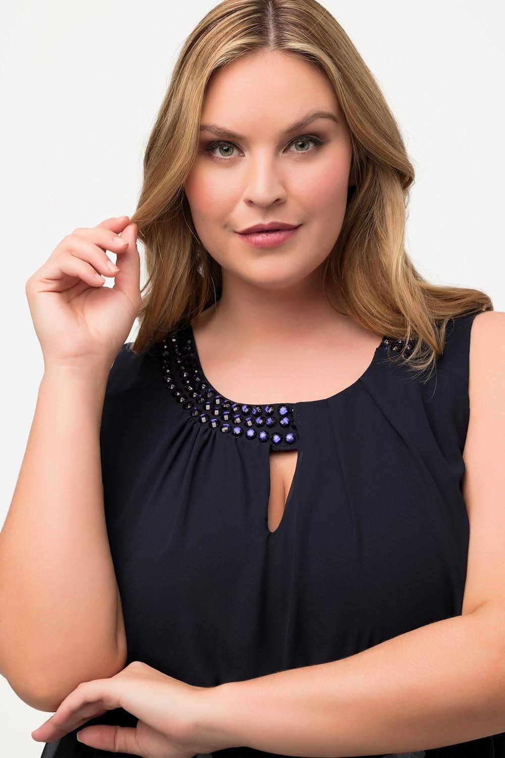 Ulla Popken Damen grosse Grössen Übergrössen Plus Size Longtunika, Ziersteine, A-Linie, Rundhals, är