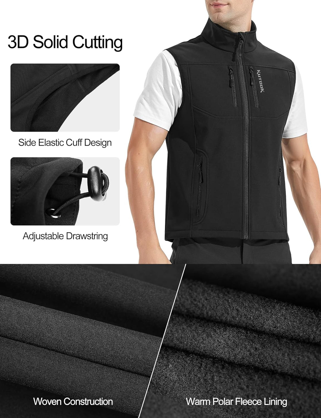 KUTOOK West Herren outdoor mit vier Taschen Softshell Ärmellose Jacke winddicht wasserdicht warm Mul
