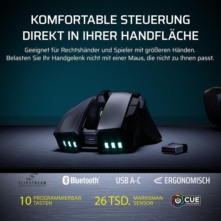 Corsair IRONCLAW Wireless SE Gaming-Maus – 26,000 DPI, Ergonomisches Design für Grössere Hände, 10 P