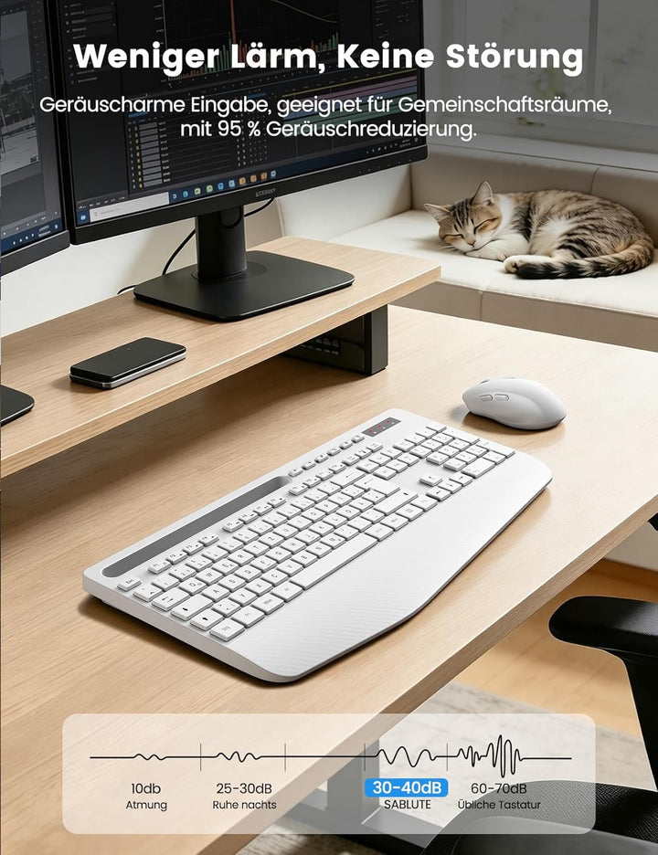 Tastatur Maus Set Kabellos, Ergonomische Tastatur in Voller Grösse mit Handgelenkauflage, Telefonhal