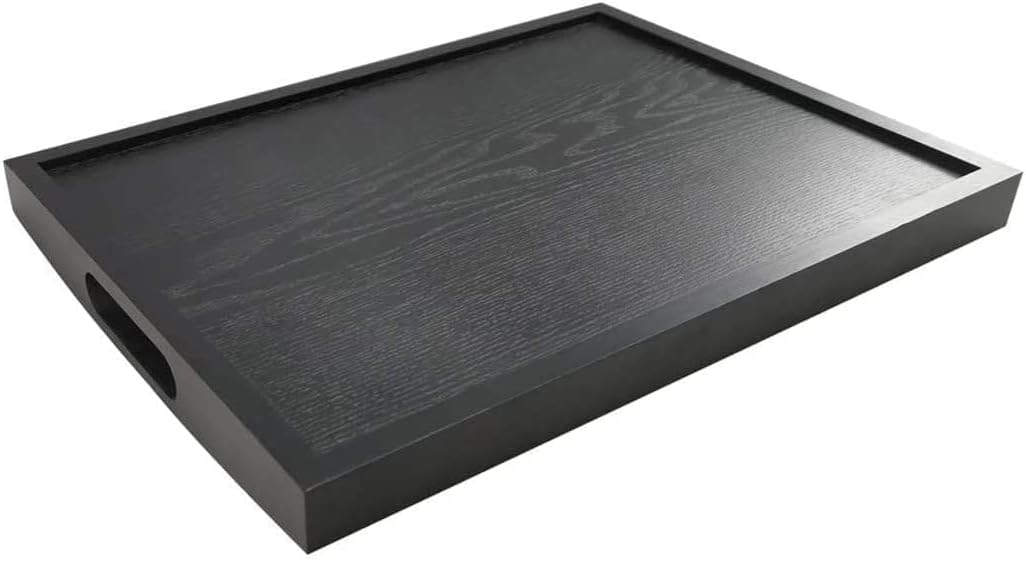 Grosses rechteckiges Serviertablett aus Holz mit grossem Griff aus schwarzem Holz (40x28 cm)