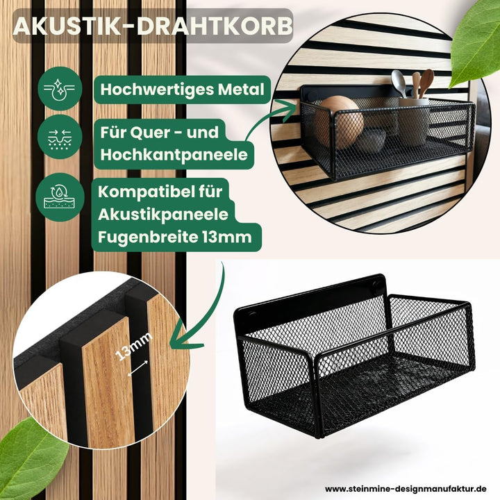 Wandkorb Metall schwarz– Metallverschraubung – kein Bohren – Zubehör für Akustikpaneele (4er Set, Kö