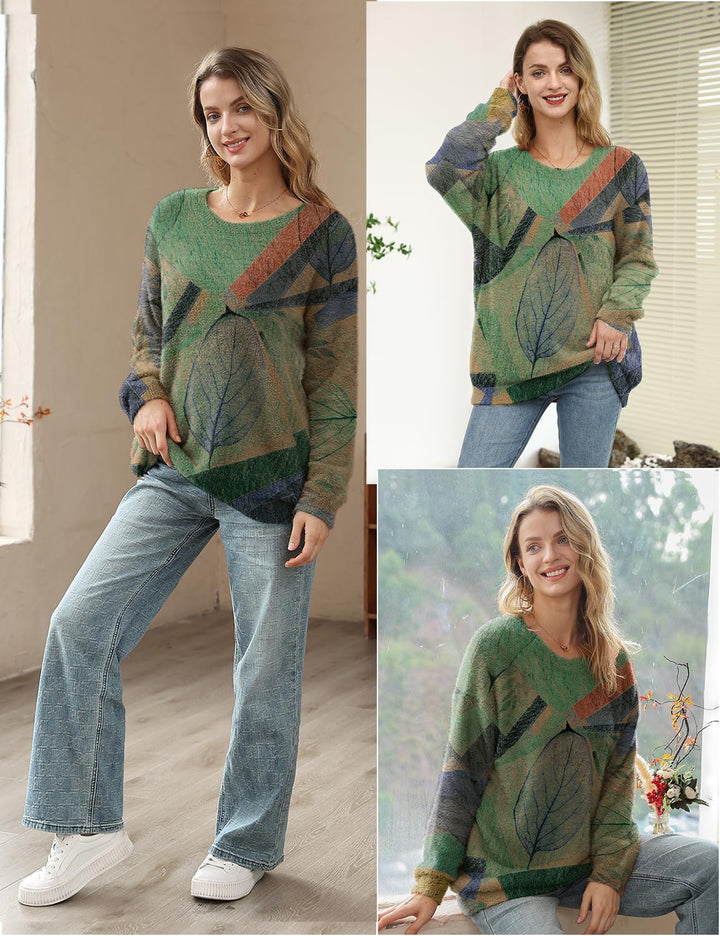 Janein Damen Pullover Oversize Lang Strickpullover Herbst Winter Rundhals Sweater mit Blumenmuster W