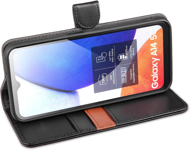 LENSUN Echtleder Hülle für Samsung Galaxy A14, Handyhülle [Echtes Leder][Magnetverschluss][RFID] Han