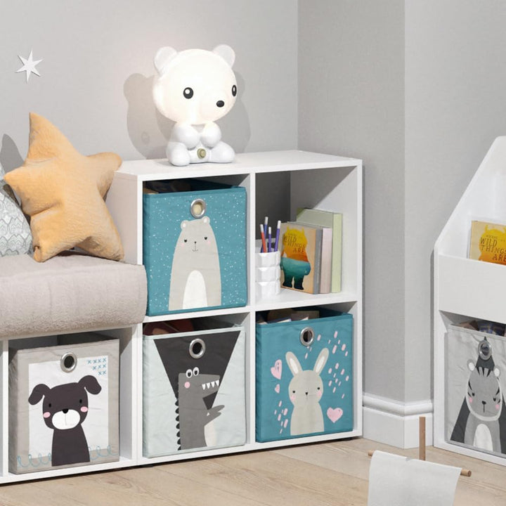 Vicco Kinderregal Tetra, Weiss, 72 x 72.6 cm mit 4 Faltboxen (grau/blau), 4 Fächer Faltboxen: grau,