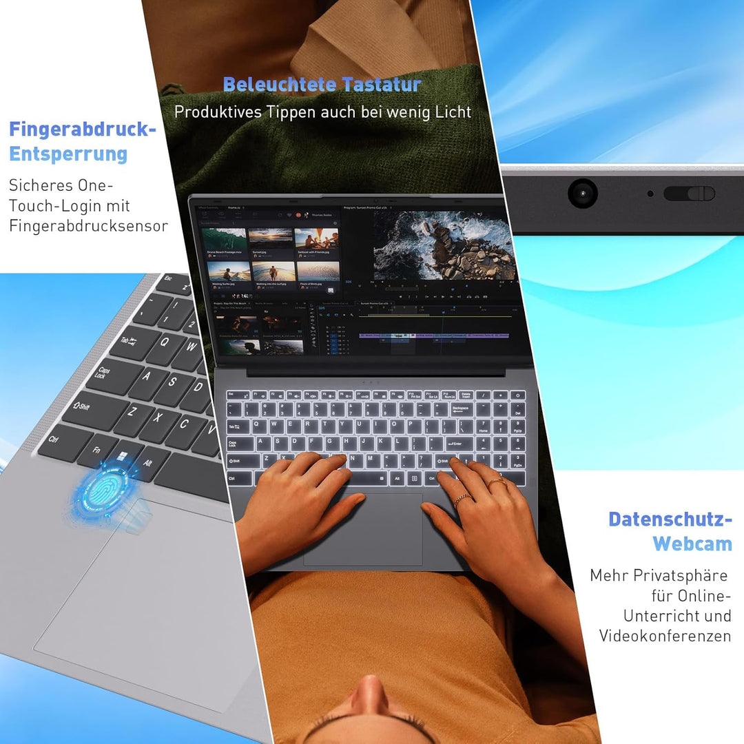 Auusda Laptop 15,6 Zoll, Notebook mit 8GB RAM 256GB SSD, Fingerabdrucksensor, beleuchtete Tastatur,