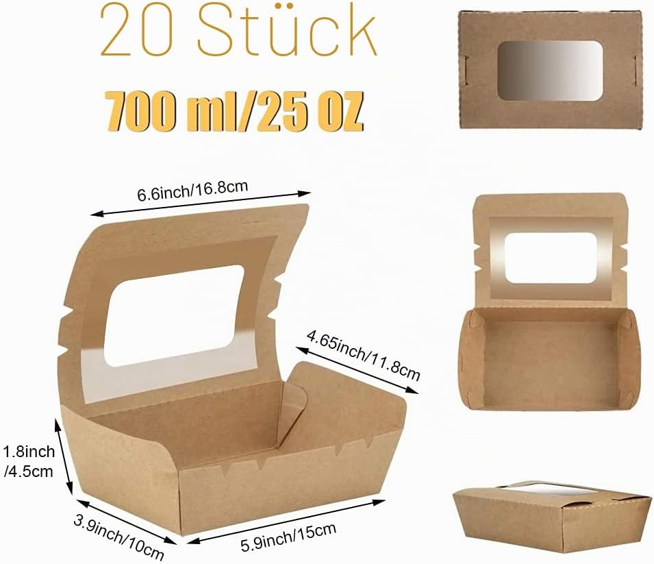20 Stücke Kraftpapier Lunchbox 700ml/24oz, Kraftkarton Snackboxen, Take Away Box, mit Fenster, Öl un