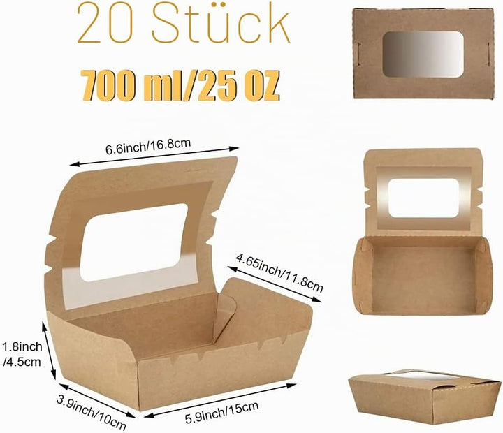 20 Stücke Kraftpapier Lunchbox 700ml/24oz, Kraftkarton Snackboxen, Take Away Box, mit Fenster, Öl un