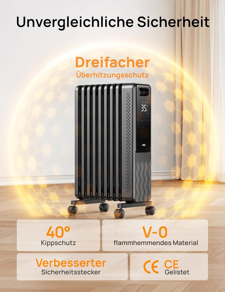 Dreo Ölradiator Energiesparend 2000W, Mobile Elektroheizung 9 Rippen mit Fernbedienung, 3 Heizstufen