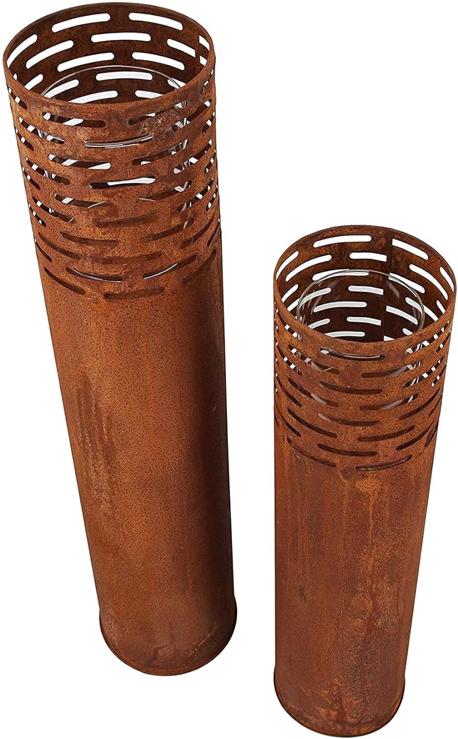 Dekoleidenschaft 2 Windlicht-Säulen aus Metall im Rost Design, 75 + 95 cm hoch, Garten-Laterne, Kerz