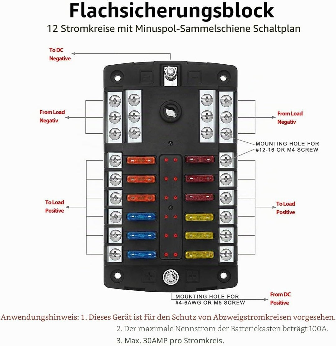 Jtron 12V Sicherungskasten kfz 12-Fach Sicherungshalter, Sicherungsdose Sicherungsträger mit LED-Anz