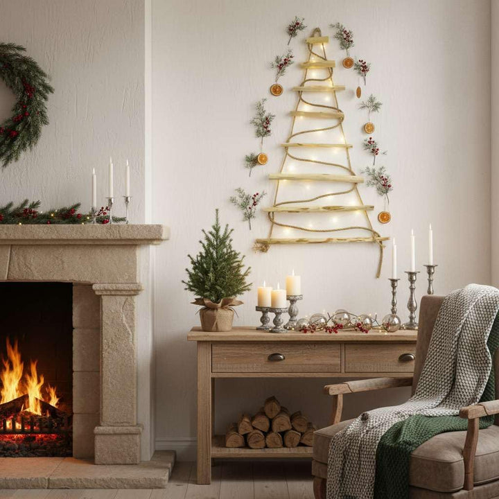 BOGATECO Handgemacht Weihnachtsbaum 95 cm hoch, aus Haselnussholz | Deko Anhänger | mit 200 cm LED-L