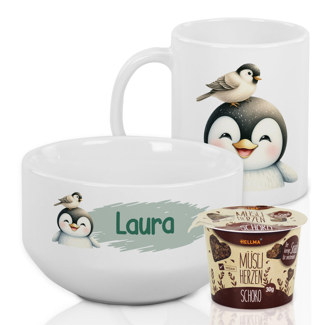 GRAZDesign Frühstückset Tasse mit Müslischale personalisiert für Kinder Pinguin Motiv aus Keramik -